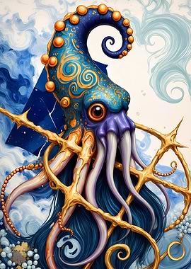 Abstract Fantasy #112 - Stylized Octopus with Golden Accents