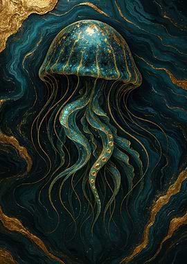 Elegant Teal and Gold Jellyfish Art