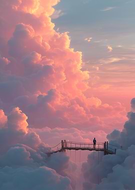 Person on Bridge Amidst Pink Clouds