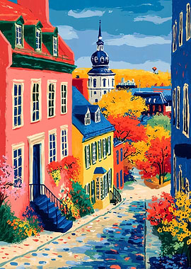 Colorful Cityscape Painting with Tower