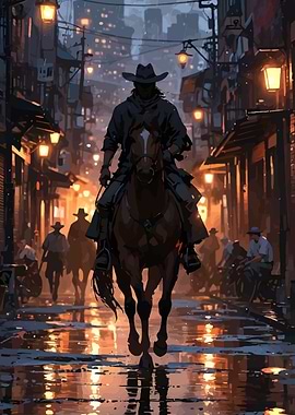 Cowboy on Horse in City Street