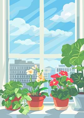 Window View with Potted Plants
