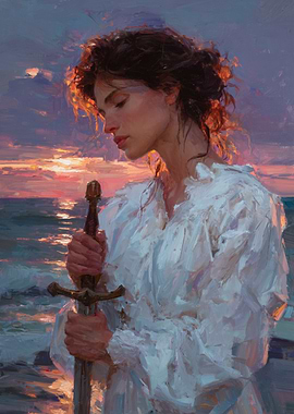 Woman with Sword at Sunset Painting