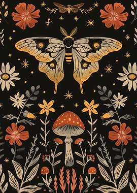 Moth and Mushroom Floral Pattern Cottagecore Scenery