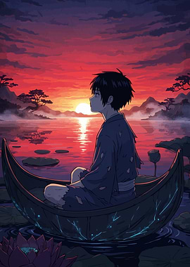 Anime Boy Boat Sunset