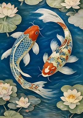 Koi Fish and Water Lilies Painting