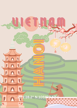 Vietnam Hanoi Travel Poster Illustration