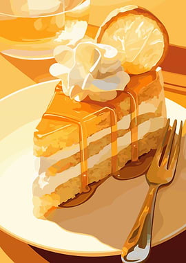Delicious Cake Slice with Syrup and Cream