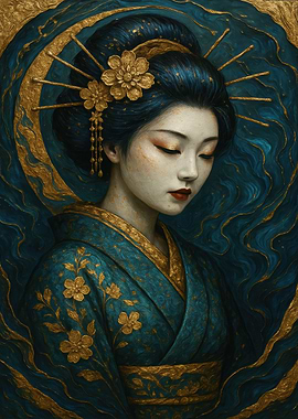 Elegant Geisha Portrait in Blue and Gold