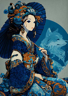 Blue Geisha with Wolf Spirit