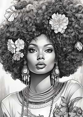 Monochrome Portrait of Woman with Flowers