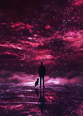 Starlit Companions - Figure and Cat Beneath Starry Sky