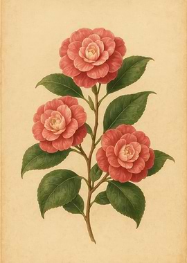 Camellia Flower Illustration on Beige Background
