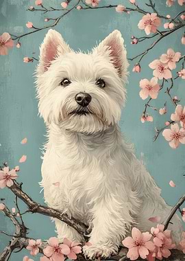 Westie Dog with Cherry Blossoms | Floral White Pup