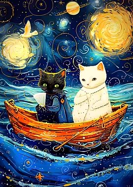 Cats in a Boat, Starry Night Style