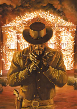 Western Figure in Front of Burning Building