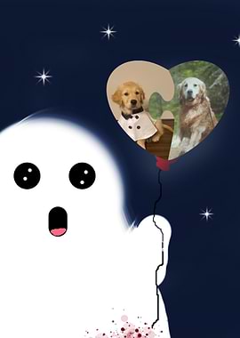 Ghost holding heart-shaped dog balloon