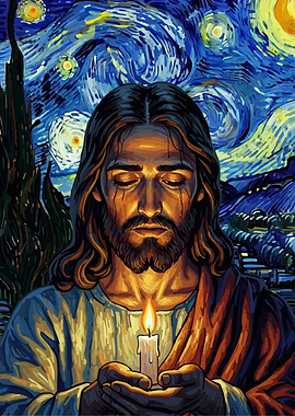 Jesus Candle Starry Night Style