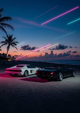 Ferrari Daytona and Testarosa on Beach at Sunset