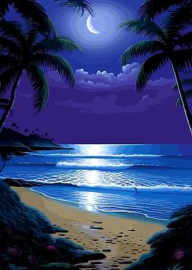 Moonlit Tropical Beach Scene