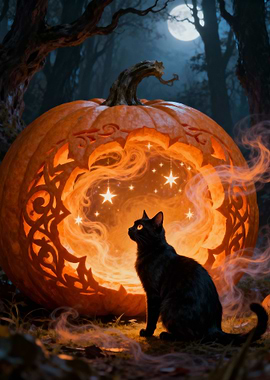 Halloween Cat and Pumpkin in Forest
