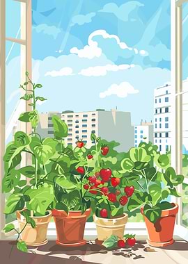 Strawberry plants on a windowsill