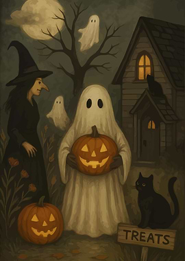 Halloween Night Scene with Witch and Ghosts