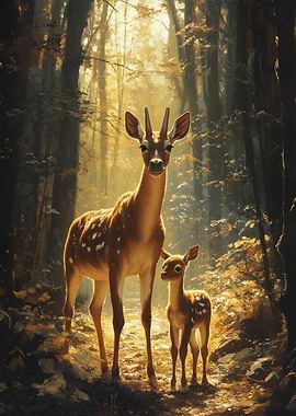 Deer and Fawn in Forest Sunlight