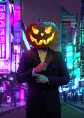 Pumpkin Head in Neon Cityscape