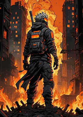 Post-Apocalyptic Warrior in Burning Cityscape