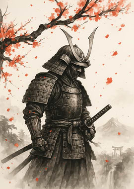 Samurai in Armor with Cherry Blossoms