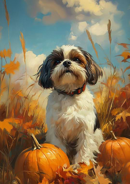 Shih Tzu with Pumpkins | Autumn Dog Print
