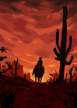 Western Cowboy Riding Horse at Sunset