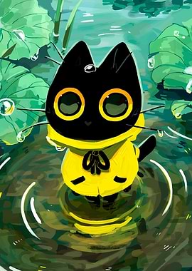Black Cat in Pond with Raincoat