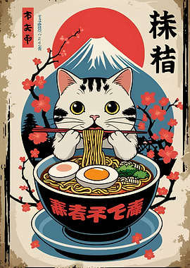 Cat eating ramen with Mount Fuji