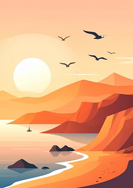 Coastal Sunset with Birds and Boat