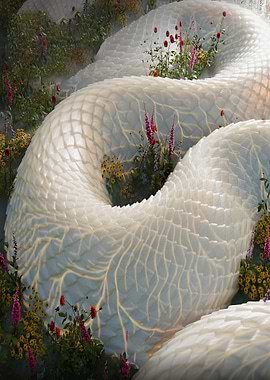 Giant White Snake in Floral Landscape