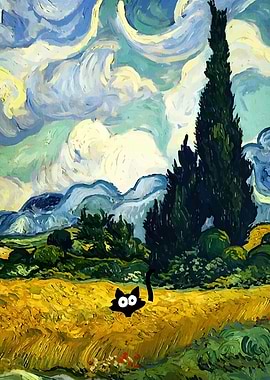 Cat in Van Gogh Landscape Painting