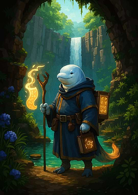 Dolphin Wizard in Fantasy Landscape