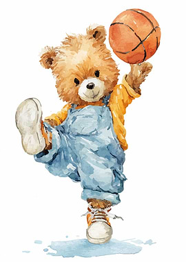 Watercolor Teddy Bear Playing Basketball