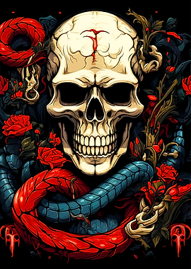 Skull, Snake, and Roses Illustration