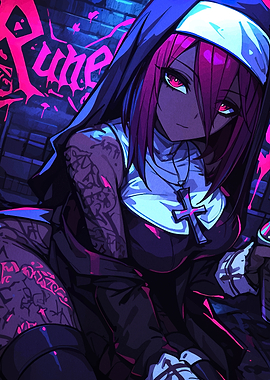 Anime Nun with Tattoos and Cross