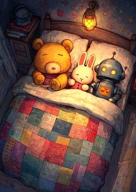Sleeping Toys in Bedtime Scene