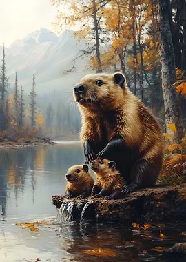 Beaver Family by the Autumn Lake