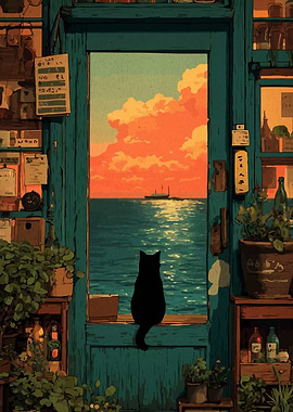 Black Cat Gazing at Sea View