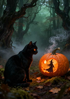 Black cat and Halloween pumpkin