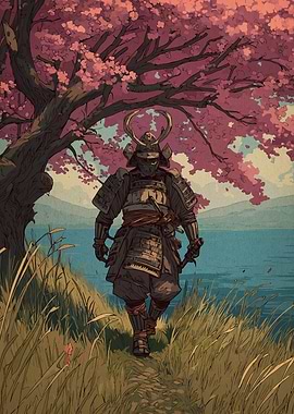 Samurai under Cherry Blossom Tree
