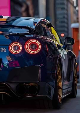 Blue Nissan GT-R in Cityscape