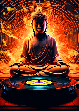 Buddha on Vinyl Record with Fiery Background