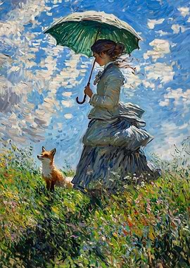 Woman with Umbrella and Fox Painting
